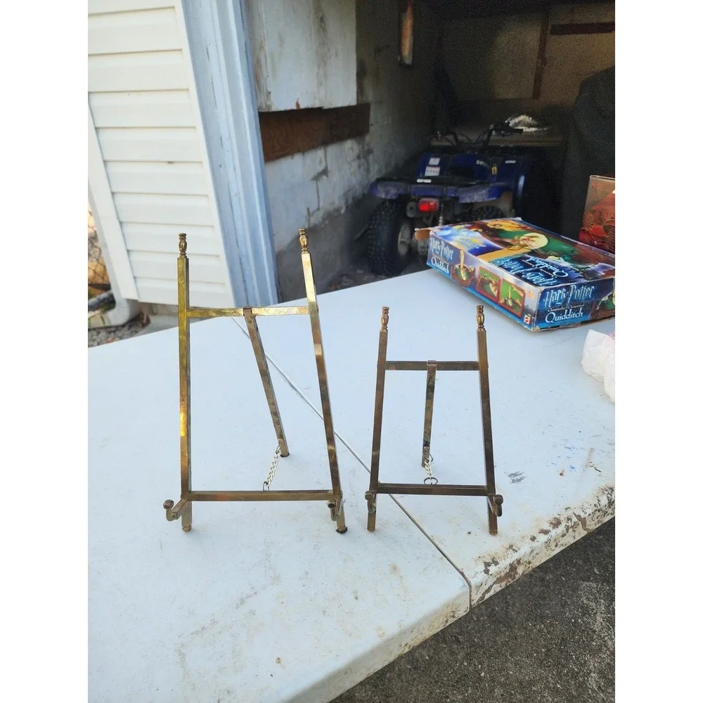 Vintage Set Of 2 Solid Brass Easel Display Stands Large & Medium